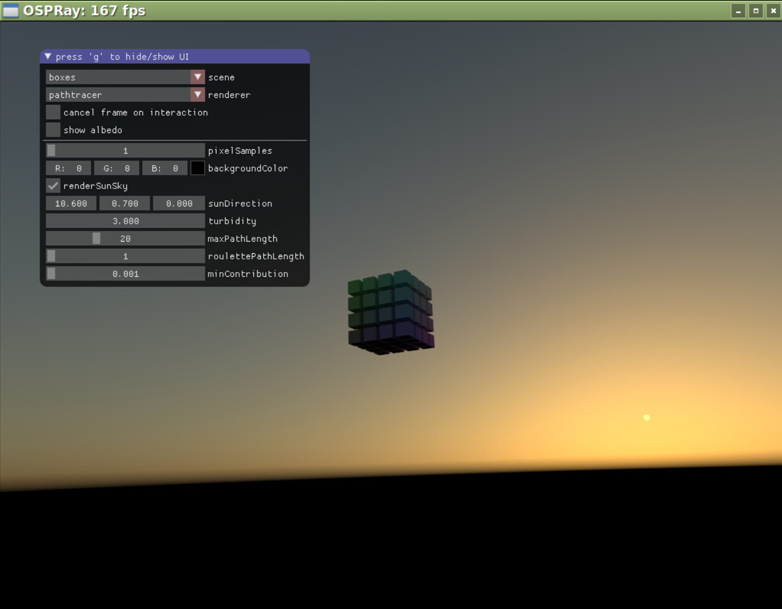 Rendering an evening sky with the renderSunSky option.